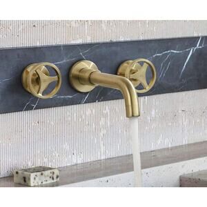 Belknap Double-Handle 3-Hole Wall Mount Bathroom Faucet, Brushed Brass
